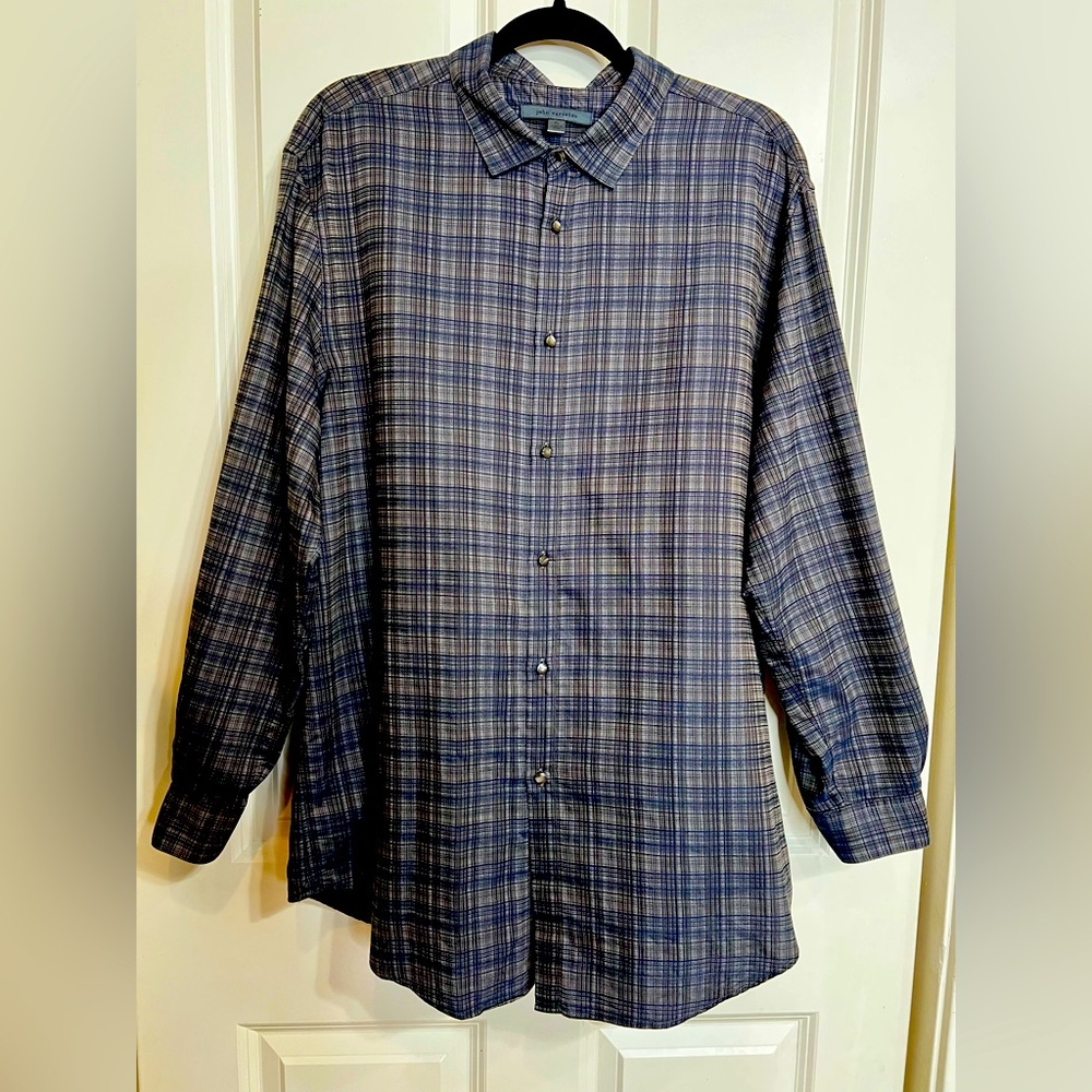 John Varvatos Navy and Gray Plaid Slim Fit Sport Shirt | Size XL